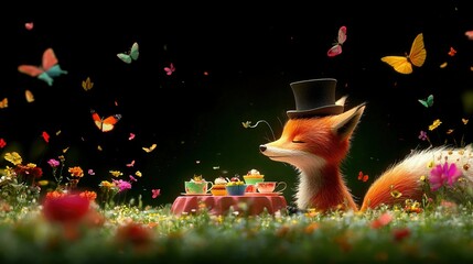Wall Mural -   A fox in a field, wearing a top hat and holding a cake, surrounded by butterflies