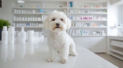 A cheerful white fluffy dog sits contentedly on a sleek counter, surrounded by an array of grooming products, embodying joy and pristine care.