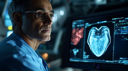 Fototapete - A doctor intently examines heart scan images displayed on a digital monitor in a high-tech medical facility. The scene highlights the complexities of modern healthcare and medical technology.