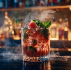 Wall Mural - Refreshing watermelon cocktail garnished with mint on a bar counter during a vibrant evening