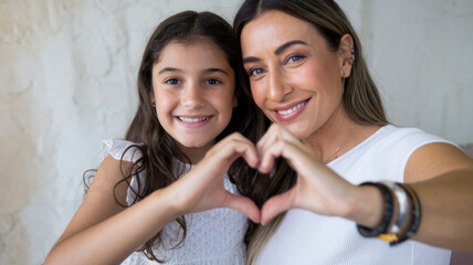 We love you. Latin mom and preteen daughter video bloggers influencers shoot content unite fingers in heart sign grateful for attention. Bonding mother and kid shoot selfie look at camera express love