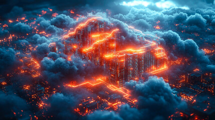Poster - Cloud-shaped digital circuit glowing brightly, symbolizing modern cloud storage and data technology amidst dark clouds