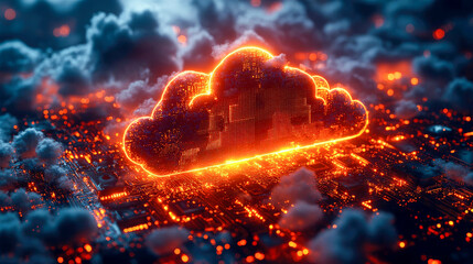Poster - Abstract glowing orange cloud symbol over circuit board, representing cloud computing and digital data storage in a futuristic tech scene