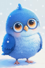 A charming blue fantasy bird wearing glasses in a snowy winter landscape with soft falling snowflakes