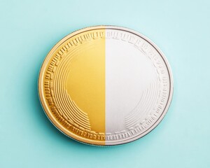 A single gold and silver coin isolated on a blue background.