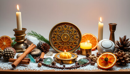 traditional Wiccan altar for Yule sabbath. Sun-moon amulet, wheel of the year, gemstones, cinnamon, nuts, cones, dry orange slices. Esoteric Ritual for Christmas, Yule, Magical Winter Solstice isola