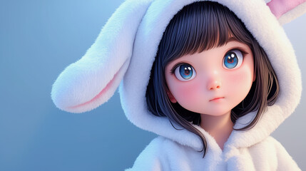 Wall Mural - A girl dressed in an adorable rabbit costume showcases her big eyes and cute expression in a soft pastel setting