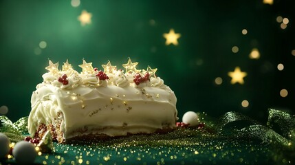 Poster - Elegant Yule log cake with a frosted finish isolated on a deep green background, with twinkling stars and garlands