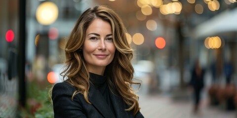 Confident businesswoman with flowing brown hair poses outdoors, smiling softly, surrounded by urban setting, demonstrating professional success and empowerment, copy space.