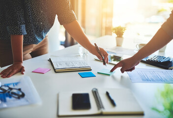 Poster - Hands, work and brainstorming with notebook in office for meeting, teamwork and partnership. Business people, employees and growth for collaboration in financial agency, investment banking or company