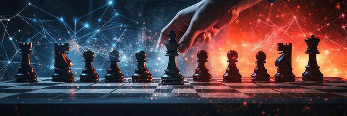 Poster - Hand Moving Black King Chess Piece, Business Strategy and Winning With Network Background Concept.