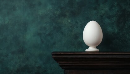 A single white egg standing upright on a wooden surface against a green background.