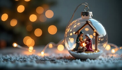 christmas ornament with nativity scene, beautifully glowing against festive lights in a peaceful set