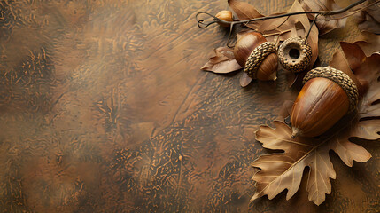 Wall Mural - A beautiful autumn background with a branch of oak leaves and acorns on a copper-colored table.