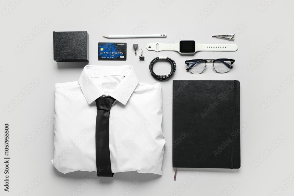 Stylish men's clothes with accessories and credit card on grey background