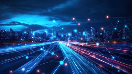 Poster - Cityscape with Light Trails and Network Connections