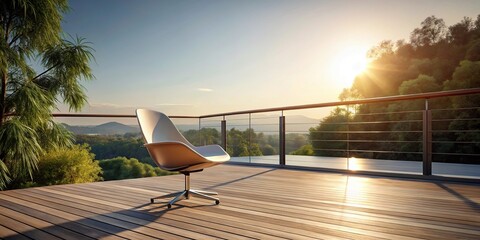 minimalist morning light on contemporary deck with sleek eames chair