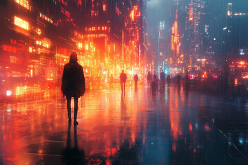 A man stands in the rain in front of a cityscape with bright lights