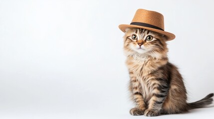 A stylish cat wearing a straw hat poses against a plain background, showcasing its fluffy fur and playful demeanor.