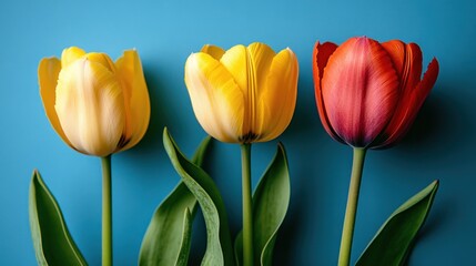 Wall Mural - Three tulips, one yellow and one red, on a blue background.