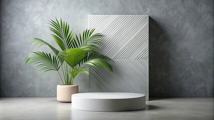 Modern white gray pedestal podium with geometric shape featuring palm leaf on minimal wall background