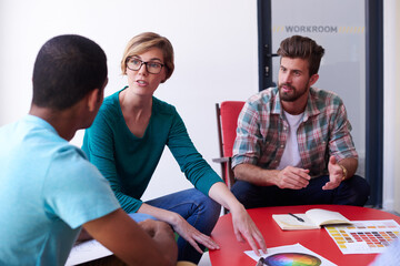Aufkleber - Woman, color palette and group in office with people, discussion and planning with project at company. Teamwork, meeting and brainstorming with interior design, notebook and huddle at creative agency