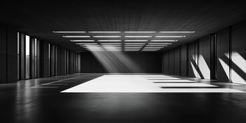 Wall Mural - Neo brutalism Concrete Building architecture interior space background, light and shadow contrast, sleek modern architecture with a blank concrete floor for vehicle display, backdrop and copy space