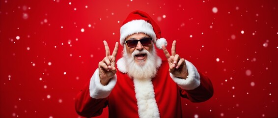 Smiling Santa Claus in festive attire flashes a peace sign against a vibrant red background filled with falling snowflakes, exuding joy and modern holiday spirit.

