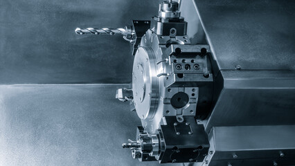 Poster - Manufacturing CNC professional lathe machine, Industrial concept background