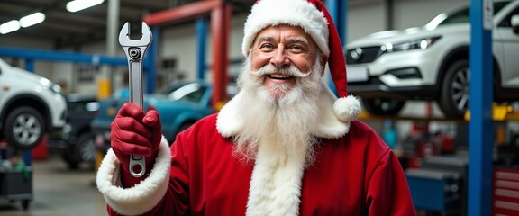 Santa Claus dressed as a mechanic, holding a large wrench in a bustling car repair workshop. The festive yet professional vibe highlights a blend of holiday cheer and skilled craftsmanship.

