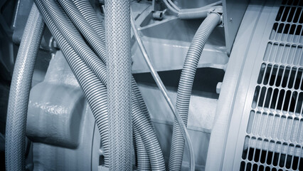 Poster - A close up of a machine with many wires and tubes. The wires are white and the tubes are grey. Concept of complexity and intricacy, as well as the importance of the machine and its components