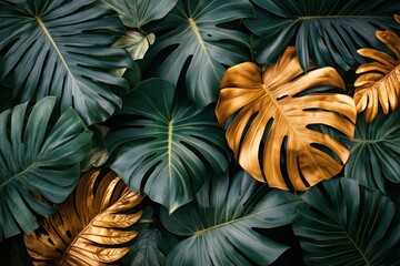 Wall Mural - Lush tropical leaves arranged on a gleaming gold background for decorative purposes