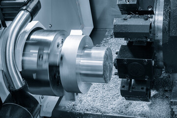 Poster - Manufacturing CNC professional lathe machine, Industrial concept background