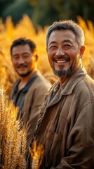 Two farmers smiling in wheat field.