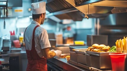 Chef Preparing Food in a Modern Fast Food Kitchen