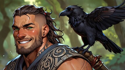 A fierce Celtic warrior with long hair stands tall, his loyal dog at his side and a watchful raven perched on his shoulder, ready to face any challenge that comes his way. Black Raven.