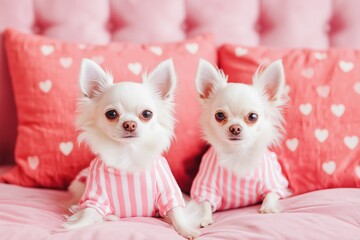 two fluffy white Chihuahuas dressed in pink and white striped pajamas, sitting on a plush, muted pink sofa with heart print pillows for Valentines