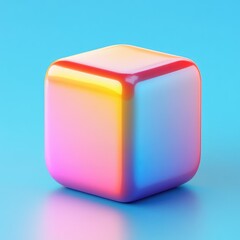 Poster - Vibrant Gradient Cube on Blue Background - Abstract 3D Rendered Geometric Shape with Smooth Edges and Colorful Spectrum