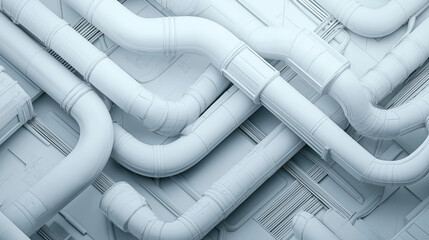 Complex network of interwoven industrial pipes with connections in a monochromatic setting, showcasing engineering and architecture.