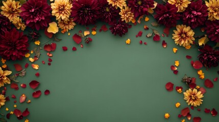 Poster - Red and yellow flowers with petals scattered on a green background. The flowers are arranged in a border around the top edge of the image.