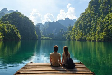 Wall Mural - Couple relishes a peaceful moment by a calm lake, framed by mountains and trees