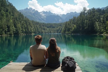 Wall Mural - Couple relishes a peaceful moment by a calm lake, framed by mountains and trees