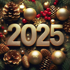 New Year and Christmas, numbers 2025, fir tree branches, pine cones, golden baubles