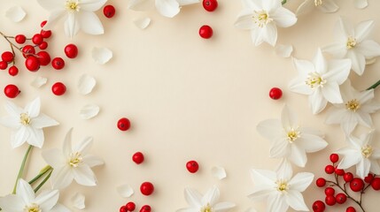 Poster - A flat lay featuring white flowers and red berries arranged around the perimeter of a cream-colored background.