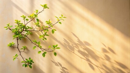 Minimalist light beige background with window shadow and spring sunlight in green tree branch