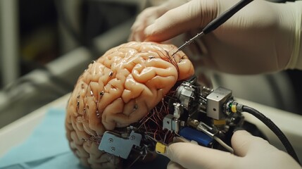 Poster - A scientist carefully examines a lifelike human brain model in the laboratory, using specialized tools to investigate neural connections and brain functions. The atmosphere is focused and technical.