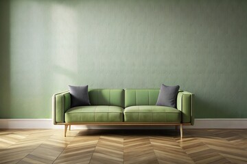 Minimalistic wall mockup with green sofa on matching wall background silhouette