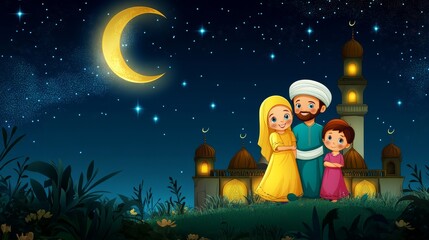 family celebrating under the moonlight in a cartoon style