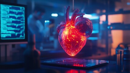 Poster - A red, glowing heart is suspended above a table in a laboratory. The heart is illuminated from within and is surrounded by a blue glow. There is a blurred figure in the background.