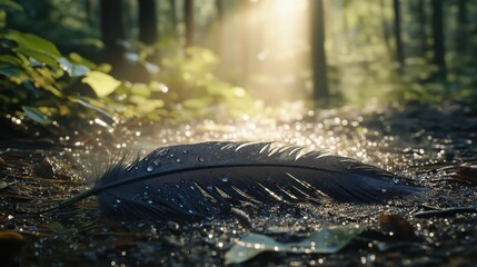 Wall Mural - A close-up of a black feather resting on damp soil with droplets of water, surrounded by greenery.